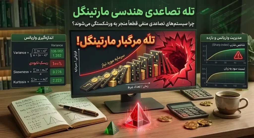 نمایش افزایش تصاعدی مبلغ شرطها در سیستم مارتینگل و کاهش سریع سرمایه پس از چند باخت متوالی